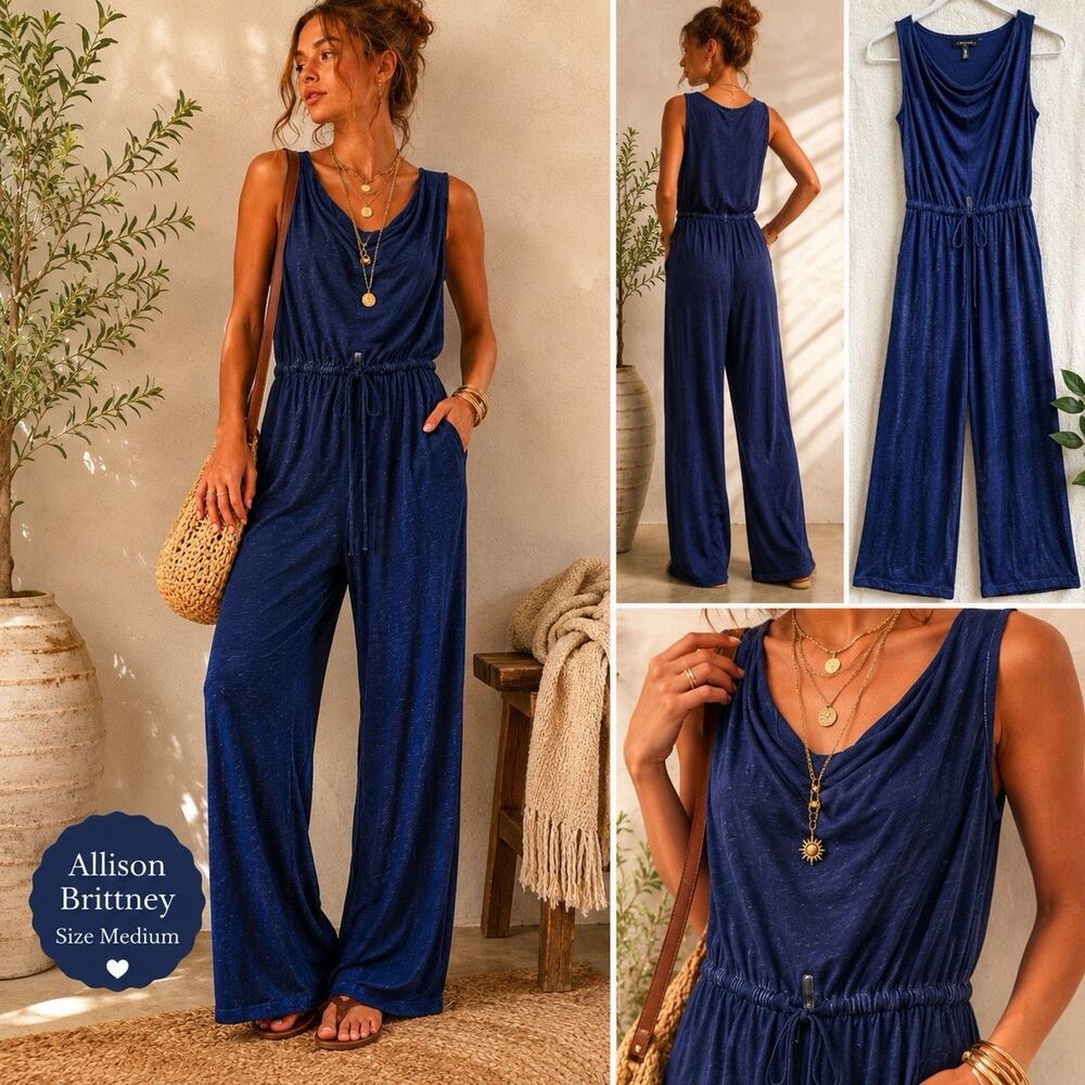 Allison Britney Jumpsuit Womens Medium Navy Blue Short Sleeve drape Neck Minimal